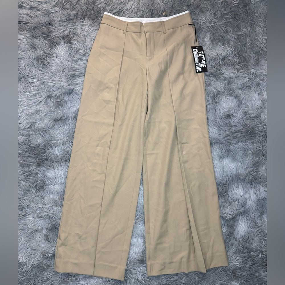 Future Collective Mid Rise Wide Leg Contrast Waistband Trousers - Nude Small NWT